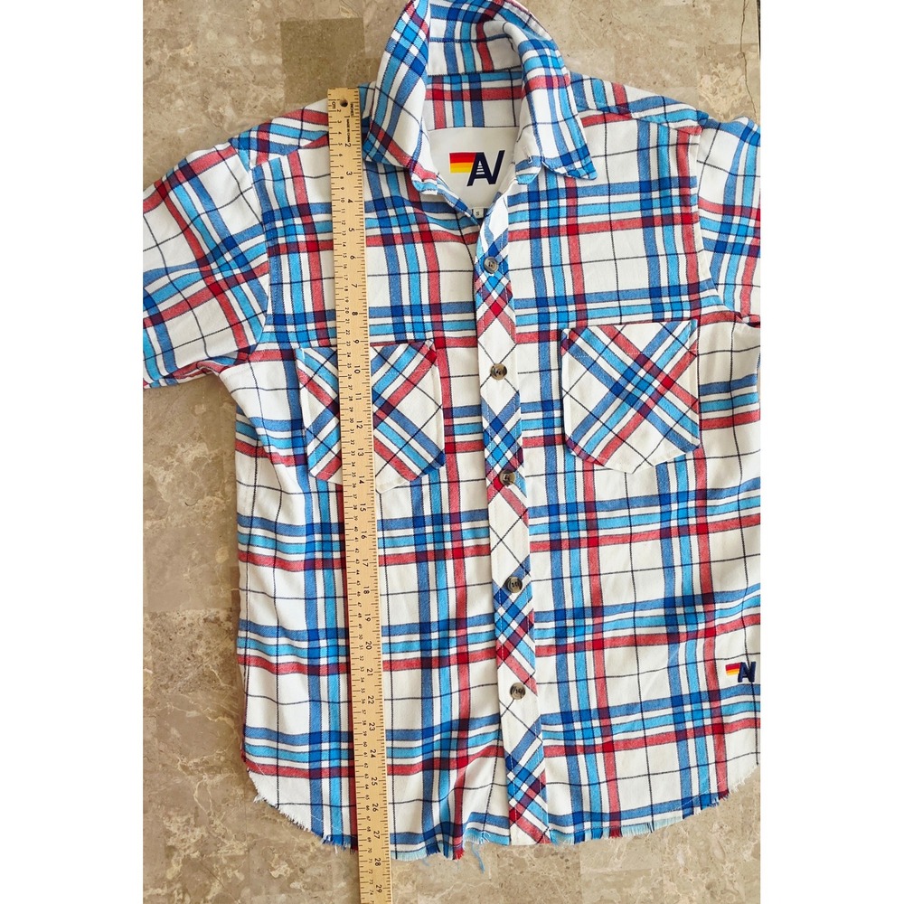 Aviator Nation Mens Plaid Flannel Shirt Red Blue White Frayed Hem Small USA - Picture 8 of 14